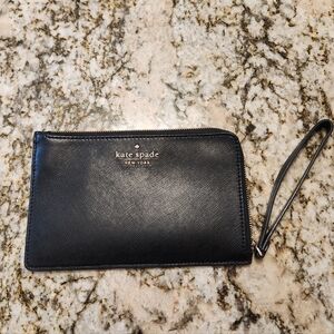 Kate Spade Wristlet, Black Leather, Card, Zip Closure, Gold Tone Hardware EUC